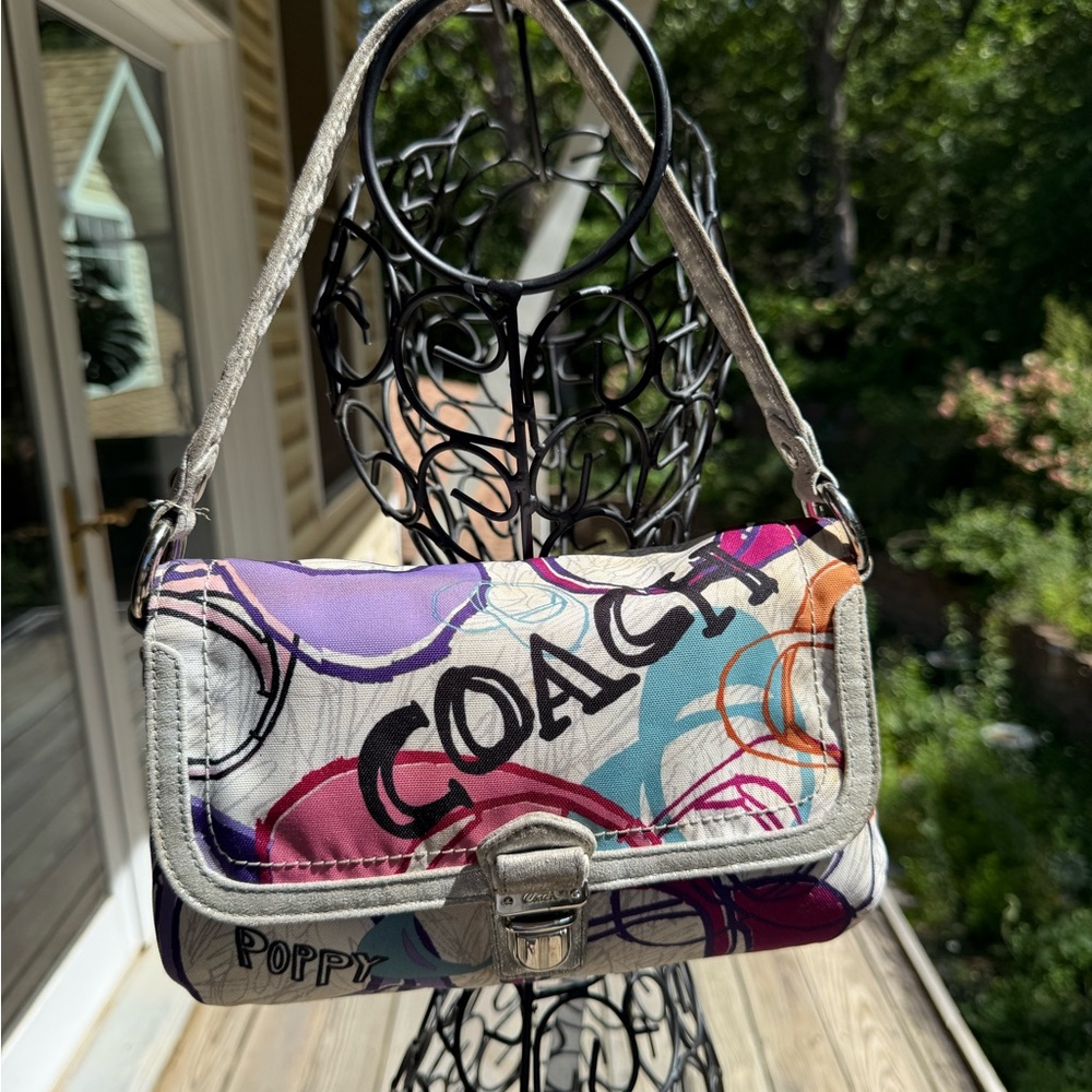 Coach Poppy Graffiti Glam Canvas Shoulder Bag Multi Color Metallic Silver Trim - Picture 3 of 6
